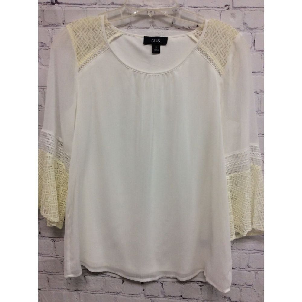 ABG Women's Cream White Bell Sleeves Blouse Lace lined Small